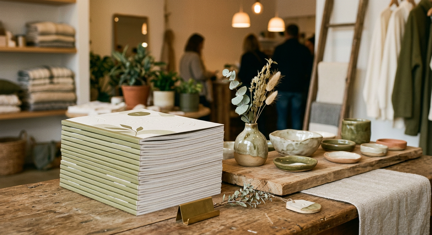 A concept store counter with a stack of printed catalogues beside a handmade ceramic display.