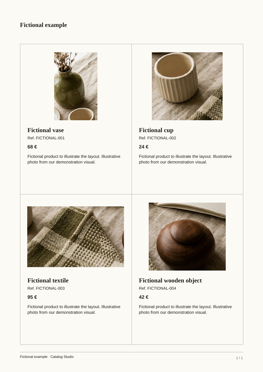 Product page from the example PDF: a vase, cup, textile and wooden object, with illustrative photos and fictional details and prices.