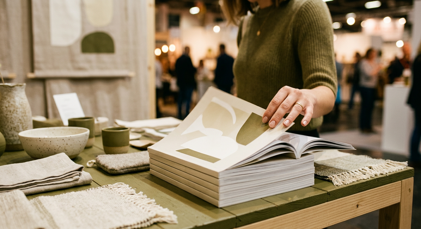 A trade fair booth table with a stack of catalogues and handmade products on display.