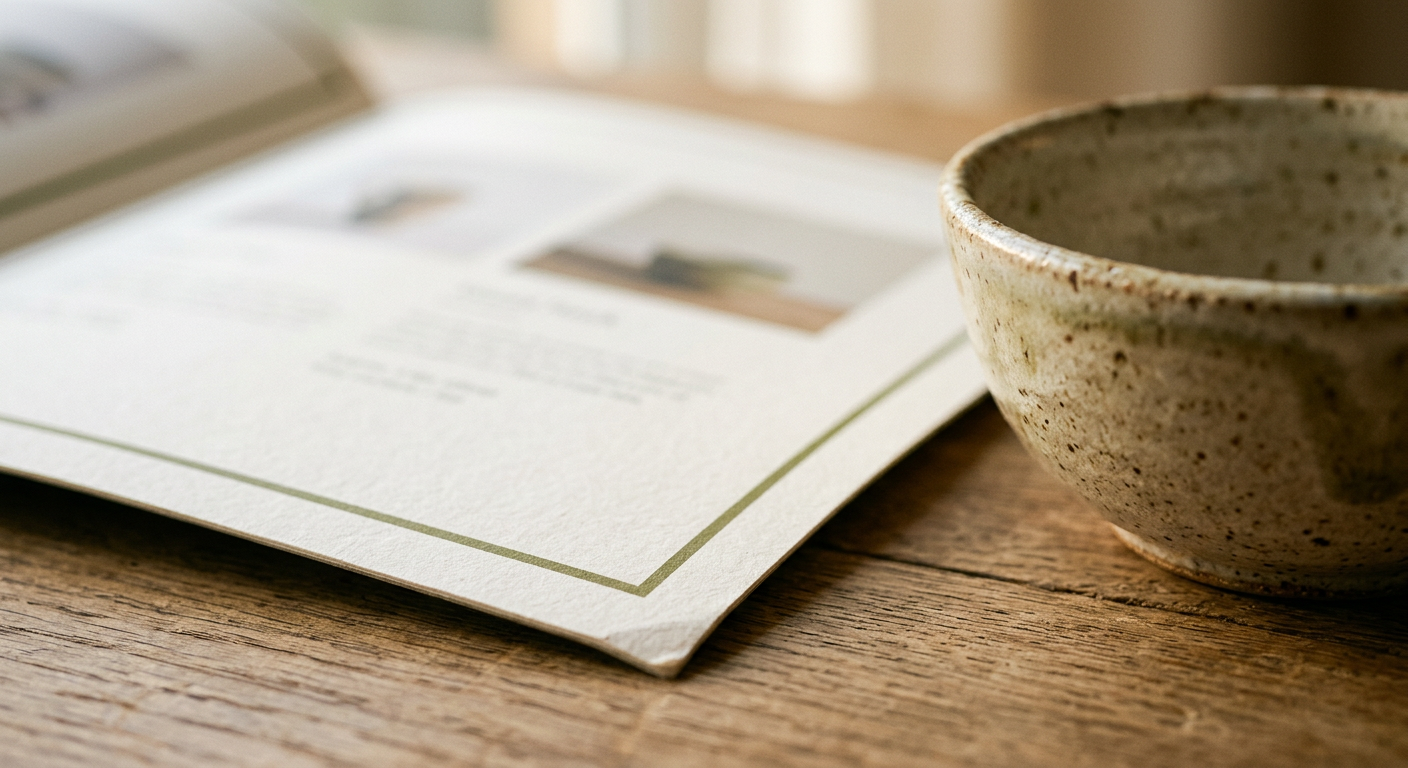 A macro photograph of an open catalogue page corner next to a handmade ceramic bowl.