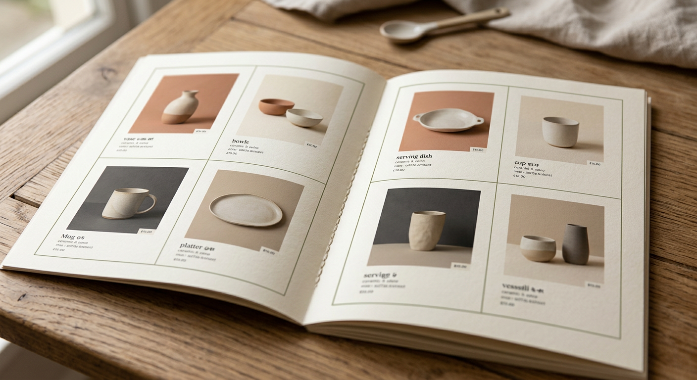 A sample catalogue spread showing handmade ceramic products laid out in an editorial grid with prices.