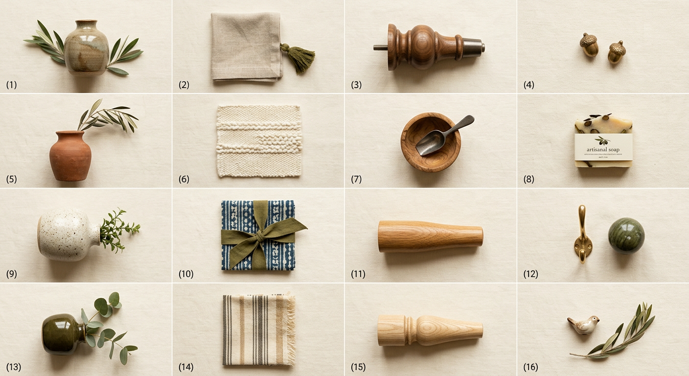 An overhead flatlay of handmade ceramics, folded textile swatches, small objects and a wooden furniture piece arranged in a grid.