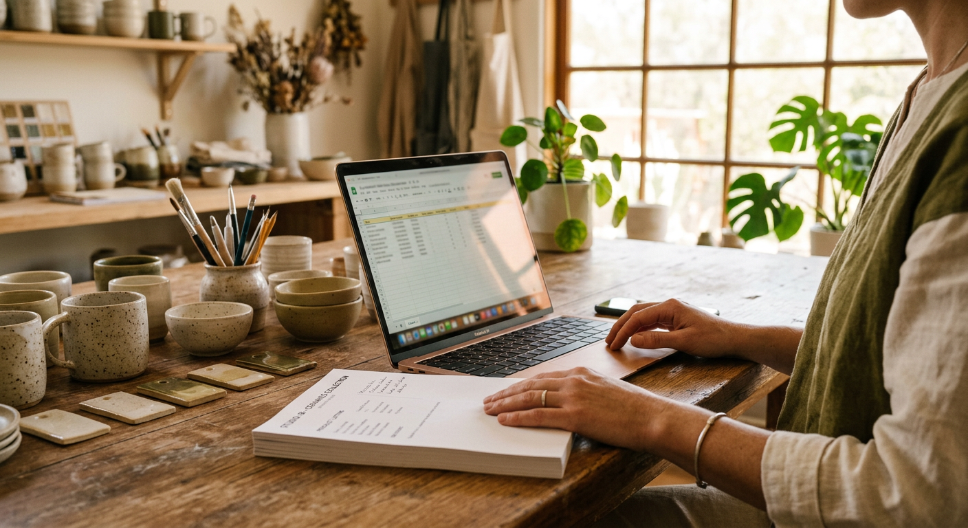 A craftsperson's hands at a wooden worktable with a printed product sheet and a laptop showing a spreadsheet.